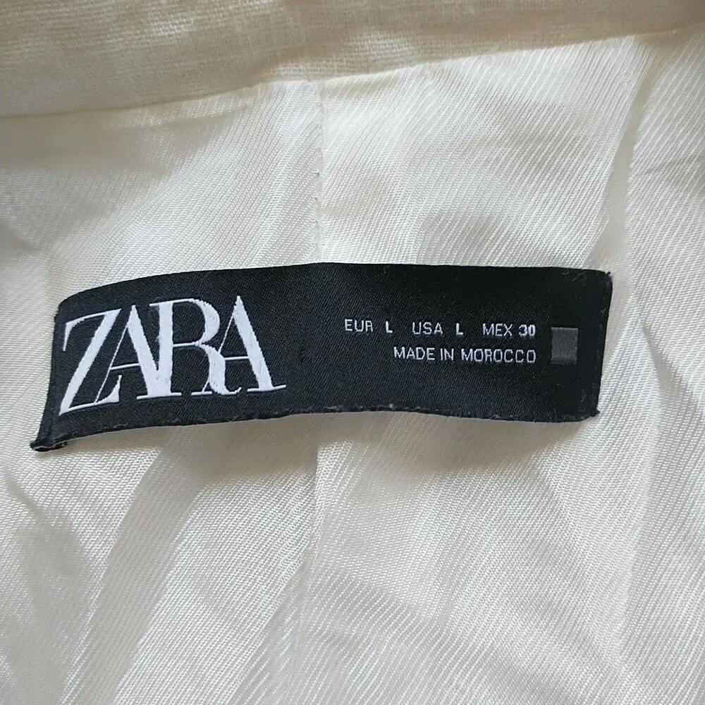 Zara Open Blazer Jacket Womens L Cream 100%Linen Lined Unstructured Lighweight - Picture 7 of 10